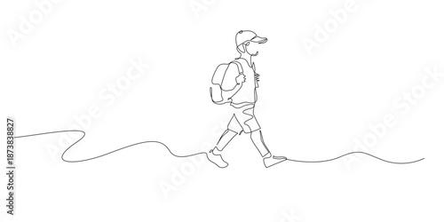 Hand drawn continuous line illustration of a hiker walking with a backpack. Single line artwork created for outdoor adventure, hiking travel, and exploration concepts.