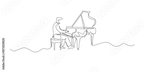 Hand drawn continuous line illustration of a man playing a grand piano.Single line artwork created for music performance, classical art, and creative inspiration concepts.