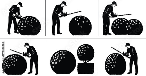 Professional gardener trimming garden bushes with electric hedge trimmer, landscaping service worker pruning ornamental shrubs, outdoor maintenance silhouette set for park and yard