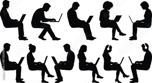 Set of black silhouettes of people sitting and working on laptops, diverse men and women using computers for office work, study, or freelance business.