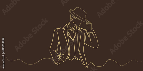 Hand drawn continuous line illustration of a masculine man wearing a suit and hat. Single line artwork created for men fashion background, masculine style, and modern gentleman concepts.