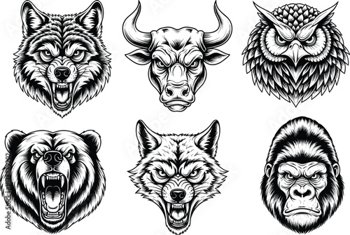 Set of wild animal head mascot vector illustrations, black and white grizzly bear wolf bull owl and gorilla tribal tattoo style silhouettes,