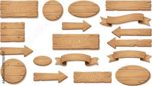 Set of wooden signboards and banners collection, rustic wood planks and arrows isolated on white background, empty timber frames for text vector illustration