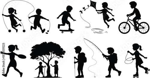 Silhouette collection of children engaged in outdoor activities including cycling, skating, fishing, hiking, jumping rope, and playing under a tree.