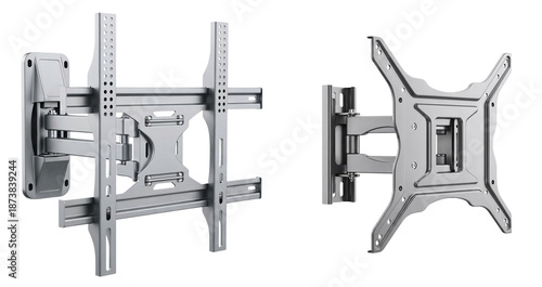 TV wall mount bracket with swivel and tilt mechanism in grey on a transparent background