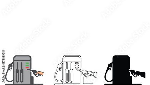 An illustration of different colored gas pumps with fuel nozzles attached
