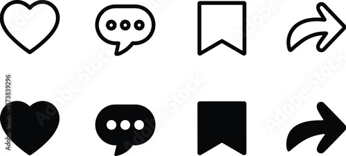 Social media interaction icons set, heart, comment, bookmark, share, outline and filled style, UI UX vector elements for digital platforms