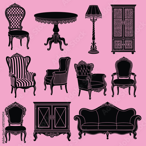 Vintage furniture silhouette vector set featuring ornate classic chairs, royal sofa, antique table, lamp, and wooden cabinets for interior design and home decor.