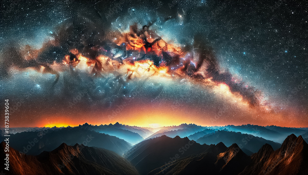 Fototapeta premium Majestic Milky Way Arching Over a Vast Mountain Range