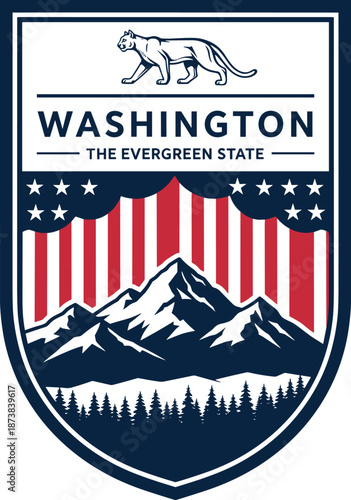 Washington state emblem vector illustration with evergreen state text, mountain range, pine trees, cougar, stars and stripes, patriotic shield for travel and tourism.