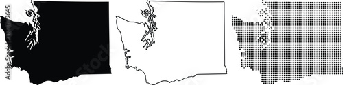 Washington state map vector set featuring solid black silhouette, thin line outline, and dotted pattern borders for Pacific Northwest regional cartography.