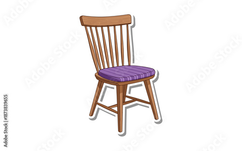 Classic wooden dining chair with a comfortable purple cushioned seat featuring a spindle back design isolated on white for home interior and furniture design