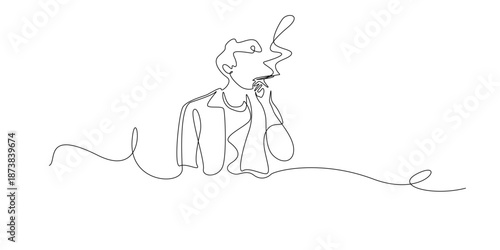 Hand drawn continuous line illustration of a man smoking a cigarette. Single line artwork created for lifestyle expression, habit depiction, and social behavior concepts.