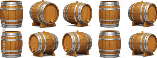 Wooden oak barrels set with metal hoops, brown wine and beer kegs in different angles, distillery storage containers vector illustration isolated on white.