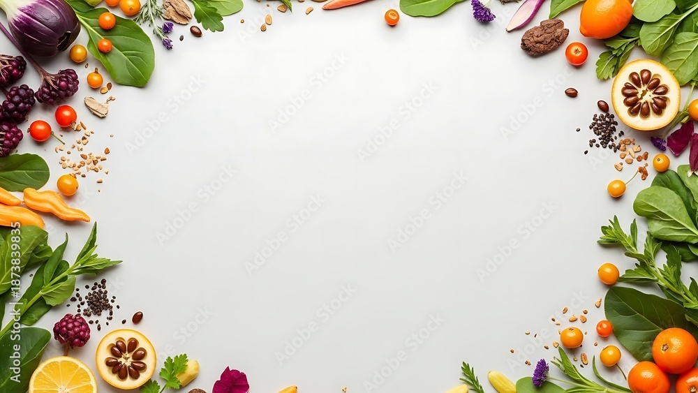 Fototapeta premium Vibrant fruit and vegetable border on white background for healthy eating and nutrition concepts