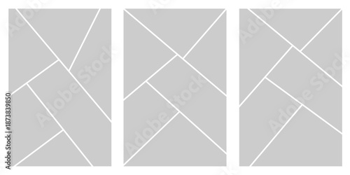 Image collage layout template. Grey mosaic mood board grid collection. Picture frame set. Photo album idea for banner, poster, comic page, flyer, brochure, booklet, memory wall design. Vector pack