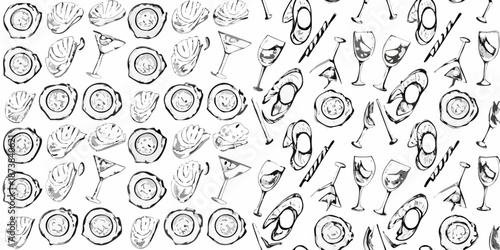 Seafood and drink sketches create a charming repetitive pattern on white background
