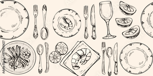 A sketched seamless pattern featuring plates cutlery shrimp and lemon slices