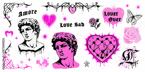 Aesthetic collage featuring hearts statues butterflies and text in a pink and black style