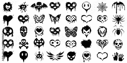 Collection of spooky gothic symbols skulls hearts spiders and butterflies