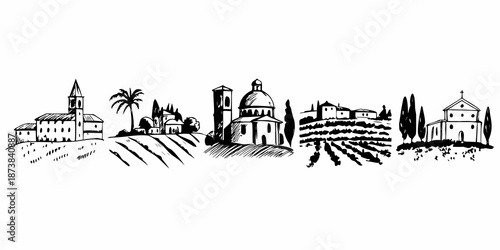 A charming tuscan countryside landscape with vineyards buildings and trees