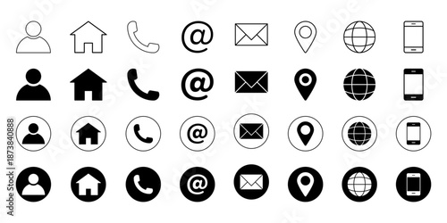 Essential contact information icons set in various styles for modern digital communication
