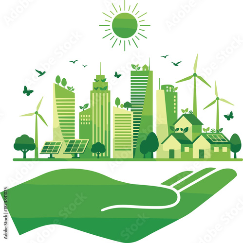 Green sustainable eco city illustration in human hand with renewable energy, solar panels, wind turbines, clean environment, future concept