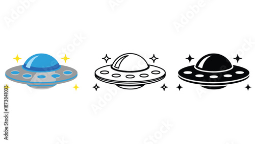 Three cartoon UFOs flying in the starry sky with different colors