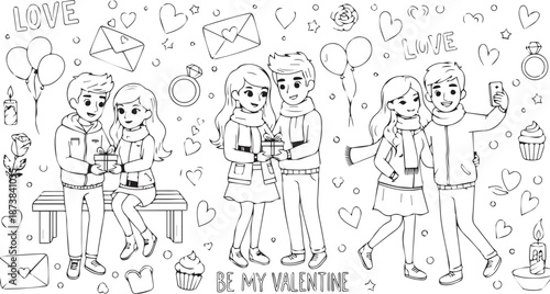 Young cartoon couples celebrating Valentine's Day exchanging gifts and taking selfies in doodle style, transparent PNG