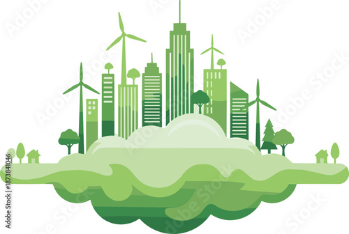 Green sustainable floating eco city illustration with wind turbines, modern buildings, nature landscape, renewable energy, clean future concept