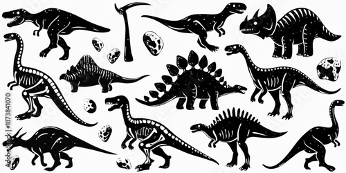 A collection of various prehistoric dinosaurs and fossilized eggs in black and white
