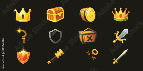 Collection of fantasy game icons crowns treasure weapons and shields