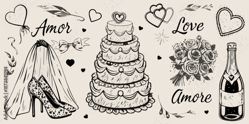 Vintage wedding elements cake veil shoes champagne and romantic heart designs