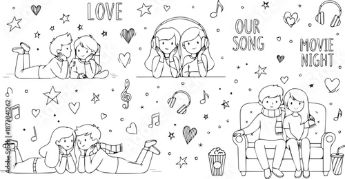 Illustrations of a loving couple enjoying romantic music and movie nights transparent isolated png cutout