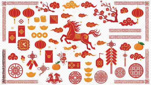 Chinese New Year Horse Symbols Decoration Elements.