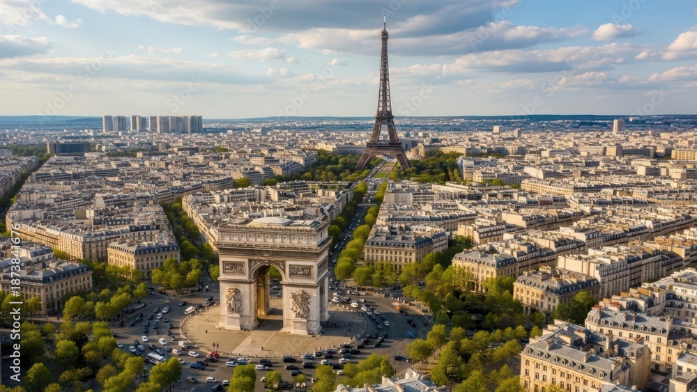 Fototapeta premium Parisian cityscape featuring the iconic Eiffel Tower and Arc de Triomphe landmark