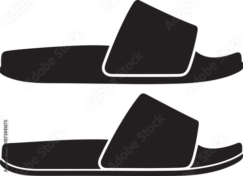 Pair of simple slide sandals or flip flops silhouette, casual footwear icon for beach or home wear, vector illustration.