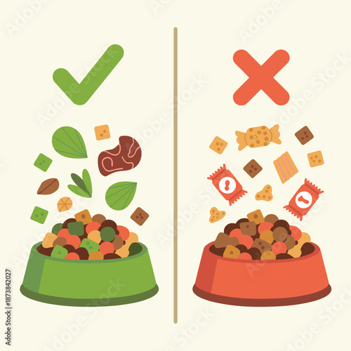 Comparison infographic showing a healthy bowl of pet food with fresh ingredients versus an unhealthy one filled with processed treats and candy.