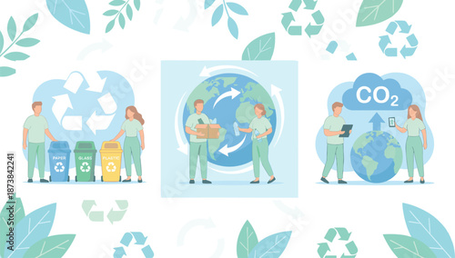 Sustainability illustration set with recycling waste sorting, circular economy, carbon reduction concept, eco friendly lifestyle, environmental protection design
