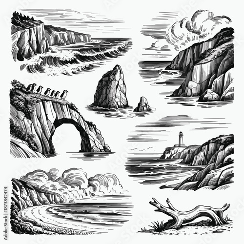 Collection of black and white sketches depicting coastal scenery with steep cliffs, crashing waves, a lighthouse, and puffin birds.
