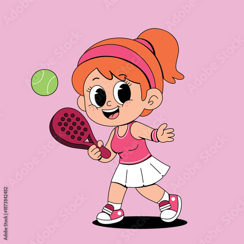 Cute Cartoon Girl Playing Padel
