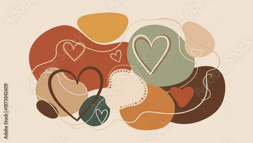 Abstract art piece featuring various heart shapes in different colors and sizes on a beige background with Emotions and Graphic designs.