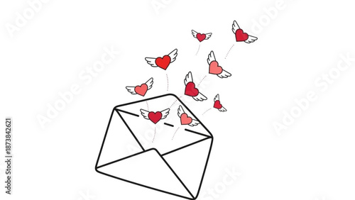 An envelope opens with red hearts flying out in an emotional gesture of love and affection.