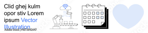 Smart manufacturing, task organization, industry efficiency, scheduling, IoT applications, technology tools. Robotic arm, wireless icon calendar and heart graphic. Smart manufacturing and task