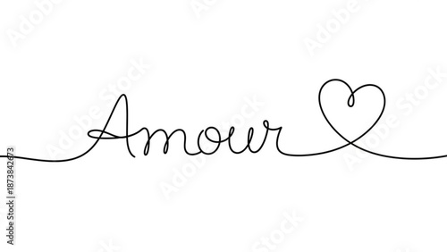 The romantic calligraphy of Amour with a heart symbol conveys love in a beautiful handwritten illustration.