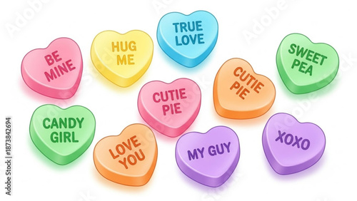 Colorful conversation hearts with love messages are scattered on a white background