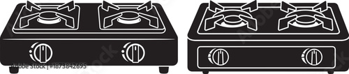Portable gas stove with two burners and control knobs for kitchen or camping use, vector illustration silhouette.