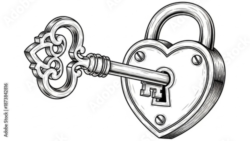 A heart-shaped lock is opened with an ornate key on a white background.