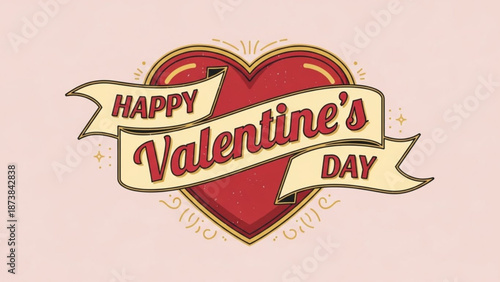 A festive Happy Valentine's Day illustration features a heart with a banner on a pink background