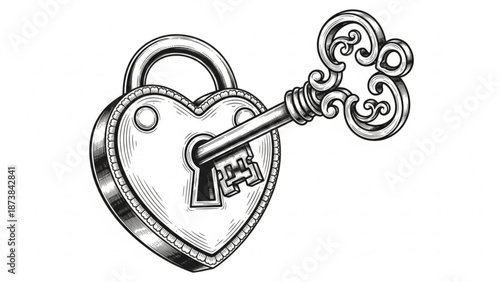 An ornate heart-shaped padlock with a decorative key inserted into it on a white background